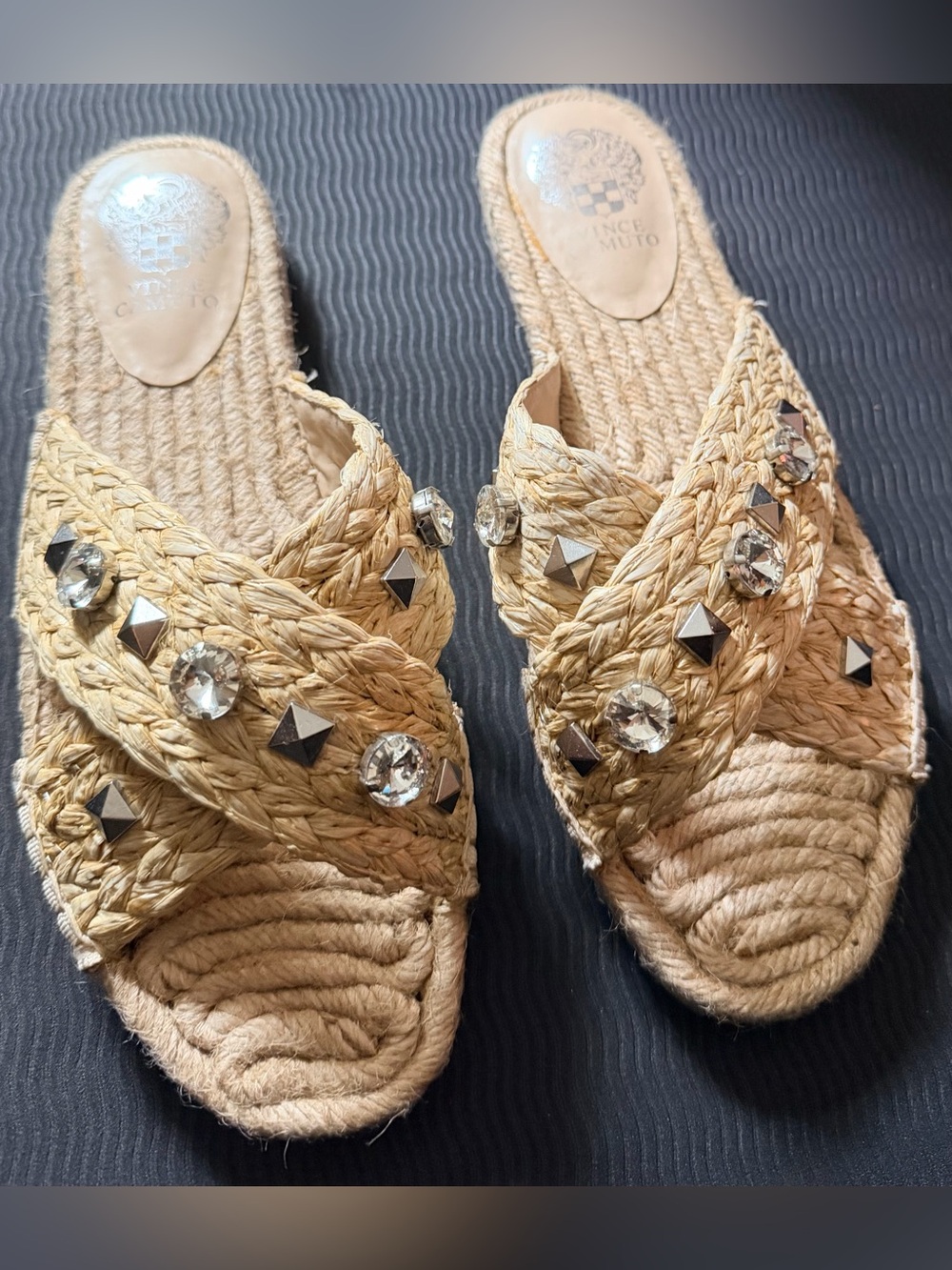 Vince Camuto Natural Raffia Slide Sandals with Crystal & Stud Accents